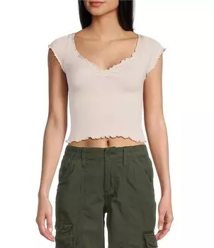 Укороченный топ с короткими рукавами и краями салата BDG Urban Outfitters Elsie, бежевый