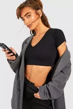 Укороченный топ с короткими рукавами и v-образным вырезом basic Boohoo, черный