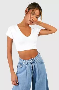 Укороченный топ с короткими рукавами и v-образным вырезом basic Boohoo, белый