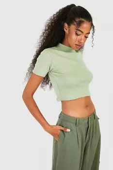 Укороченный топ с короткими рукавами и воронкообразным вырезом basic rib Boohoo, оливковый