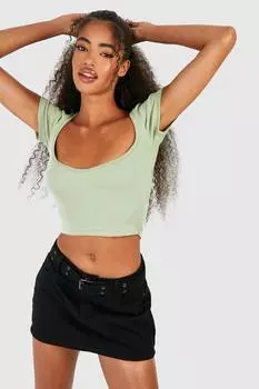 Укороченный топ с короткими рукавами и вырезом в рубчик basic Boohoo, оливковый