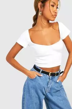 Укороченный топ с короткими рукавами и вырезом в рубчик basic Boohoo, белый
