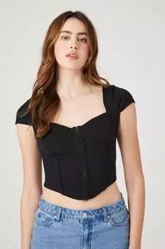 Укороченный топ с корсетом ребристой вязки на крючках и ушках Forever 21, черный