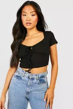 Укороченный топ с корсетом в рубчик и завязками спереди Boohoo, черный