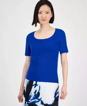 Укороченный топ с квадратным вырезом и короткими рукавами (Petite) Anne Klein, синий