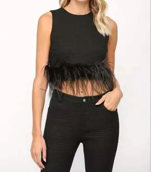 Укороченный топ с отделкой из перьев черного цвета FATE