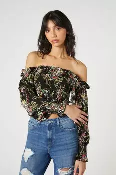 Укороченный топ с открытыми плечами и цветочным принтом Forever 21, черный