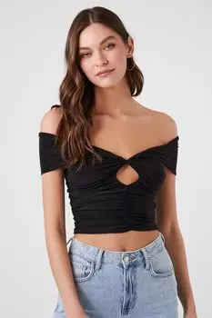 Укороченный топ с открытыми плечами и сборками Forever 21, черный
