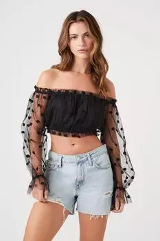 Укороченный топ с открытыми плечами в горошек Forever 21, черный