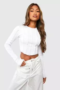 Укороченный топ с открытыми швами и длинными рукавами в рубчик boohoo, белый