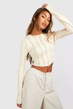 Укороченный топ с открытыми швами в ребрику с длинными рукавами Boohoo, серый