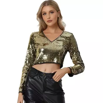 Укороченный топ с пайетками для женщин, блестящая блузка для вечеринок с длинным рукавом и V-образным вырезом ALLEGRA K, золотой