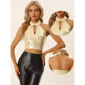 Укороченный топ с пайетками для женщин, блестящий металлический топ с вырезом на шее и бретелькой для вечеринок ALLEGRA K, золотой