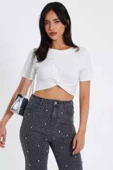 Укороченный топ с перекрещивающимися деталями спереди кремового цвета QUIZ Clothing