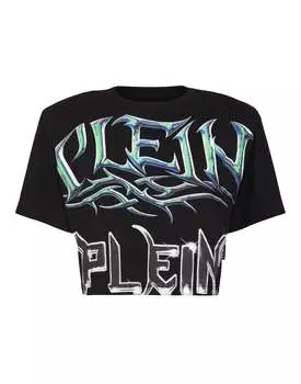 Укороченный топ с подкладкой на плечах с надписью PHILIPP PLEIN, черный