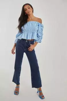 Укороченный топ с присборенными деталями и пышными рукавами Pink Vanilla, синий