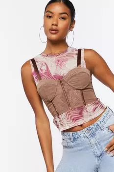 Укороченный топ с прозрачным сетчатым корсетом Forever 21, коричневый
