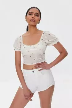Укороченный топ с пышными рукавами и цветочным принтом Forever 21, кремовый