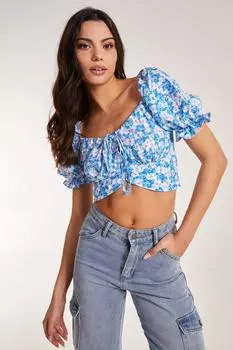 Укороченный топ с пышными рукавами и завязками Pink Vanilla, синий