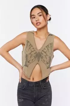 Укороченный топ с рисунком бабочки Forever 21, зеленый