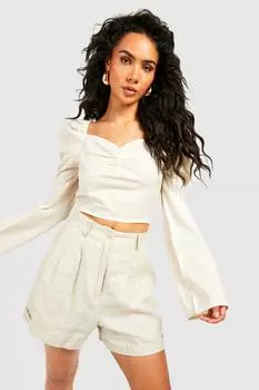 Укороченный топ с рукавами и бухами Boohoo, серый