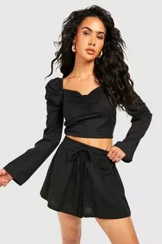 Укороченный топ с рукавами и бухами Boohoo, черный