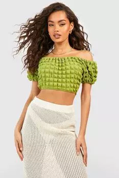 Укороченный топ с рукавами попкорн Boohoo, зеленый
