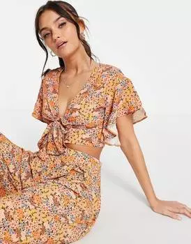 Укороченный топ с рукавами развевающимися и завязками спереди ASOS DESIGN Co-ord с цветочным принтом