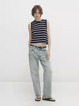 Укороченный топ с текстурной полоской Massimo Dutti, темно-синий