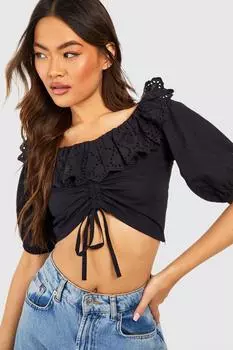 Укороченный топ с ткаными люверсами и объемными рукавами Boohoo, черный