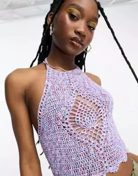Укороченный топ с воротником-бретелькой ASOS, связанный крючком из меланжевой пряжи