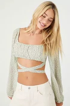Укороченный топ с запахом и цветочным принтом Forever 21, шалфей