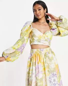 Укороченный топ с запахом и пышными рукавами ASOS с пастельным цветочным принтом