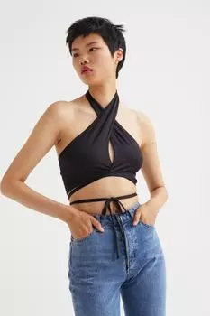 Укороченный топ с застежкой на шее H&amp;M, черный