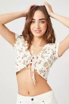 Укороченный топ с завязками спереди с цветочным принтом Forever 21, белый