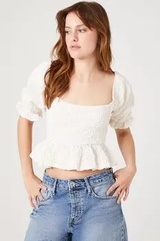 Укороченный топ с жатым рукавом и пышными рукавами Forever 21, ванилла