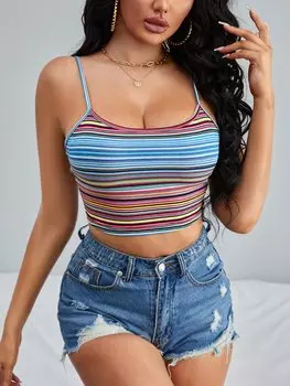 Укороченный топ SHEIN Essnce, на одном ремешке, яркий цвет, украшен полосками, многоцветный