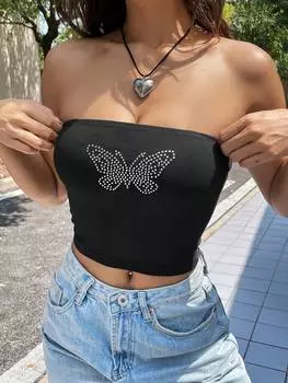 Укороченный топ SHEIN EZwear, черный, стразы, бабочка, готовый дизайн, черный цвет