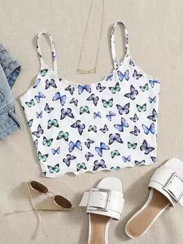 Укороченный топ SHEIN EZwear, одинарный ремешок, зубчатый край, узор бабочки, многоцветный