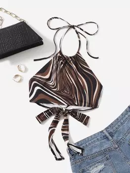 Укороченный топ SHEIN ICON с открытой спиной, кулиской и принтом с водным узором, многоцветный