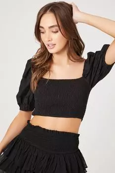 Укороченный топ со сборками и цветочным принтом Forever 21, черный