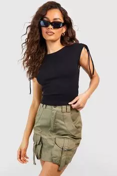 Укороченный топ со сборками и завязками по бокам Boohoo, черный