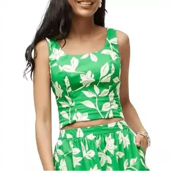 Укороченный топ со сборками на спине в зелено-белом тропическом стиле J.Crew