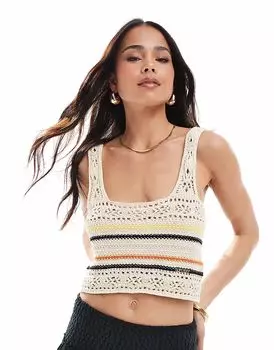 Укороченный топ Superdry со шнуровкой и вязаным крючком в полоску кремового цвета