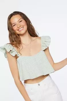 Укороченный топ в мелкую клетку с оборками Forever 21, шалфей
