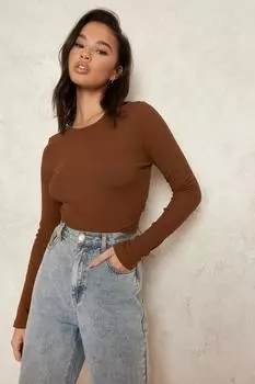 Укороченный топ в ребку с длинным рукавом Boohoo, шоколадный