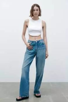 Укороченный топ в ребручку со стразами ZARA, белый