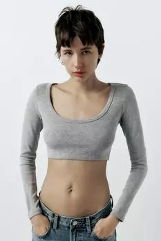 Укороченный топ в рубчик с длинным рукавом ZARA, серый мергель