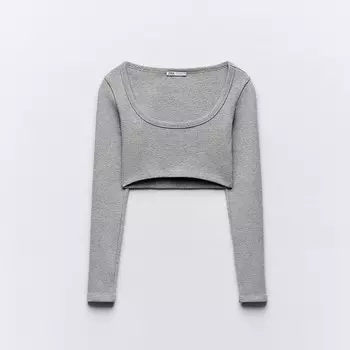 Укороченный топ в рубчик с длинным рукавом ZARA, серый мергель