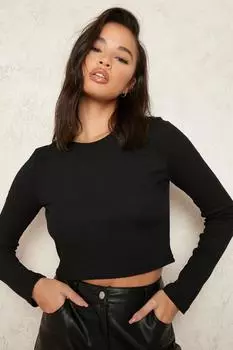 Укороченный топ в рубчик с длинными рукавами boohoo, черный